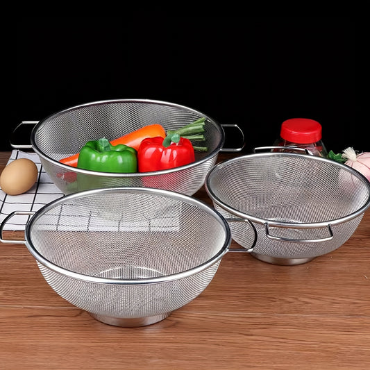 3 piezas, cesta de drenaje de acero inoxidable, coladores de metal con asa, colador de malla fina, colador para pasta de cocina, verduras, arroz, frutas, alimentos, lavabo de lavado de arroz de cocina, accesorios de cocina