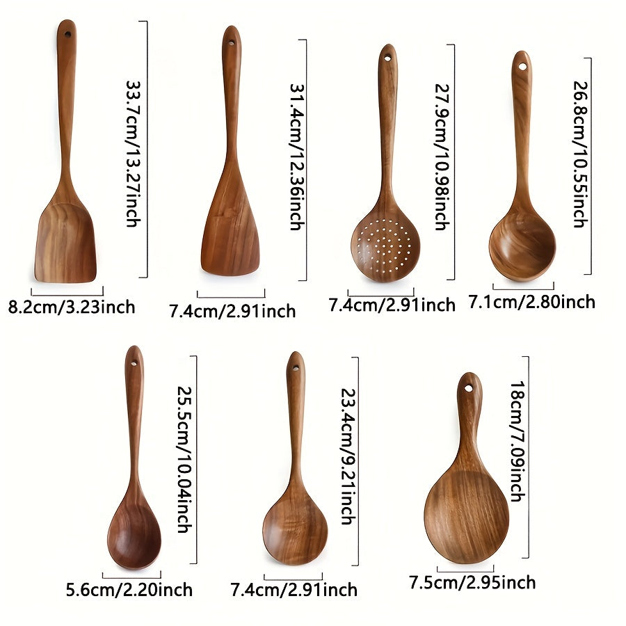 Cucharas de madera de teca natural para cocinar, juego de espátula antiadherente con agarre cómodo, perfecto para suministros de regreso a la escuela, 7 Uds.