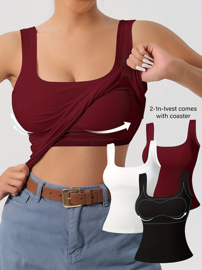 Camisetas sin mangas con espalda en U acanaladas de 3 piezas para mujer con almohadillas extraíbles, corte entallado, colores sólidos, camisolas informales, en capas y para exteriores