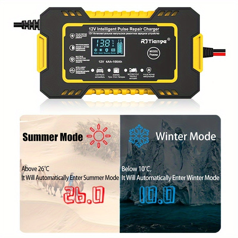 Cargador de batería de automóvil, cargador de batería inteligente de 12 V, 2 Ah-100 Ah, mantenedor de batería automotriz, desulfatador con compensación de temperatura