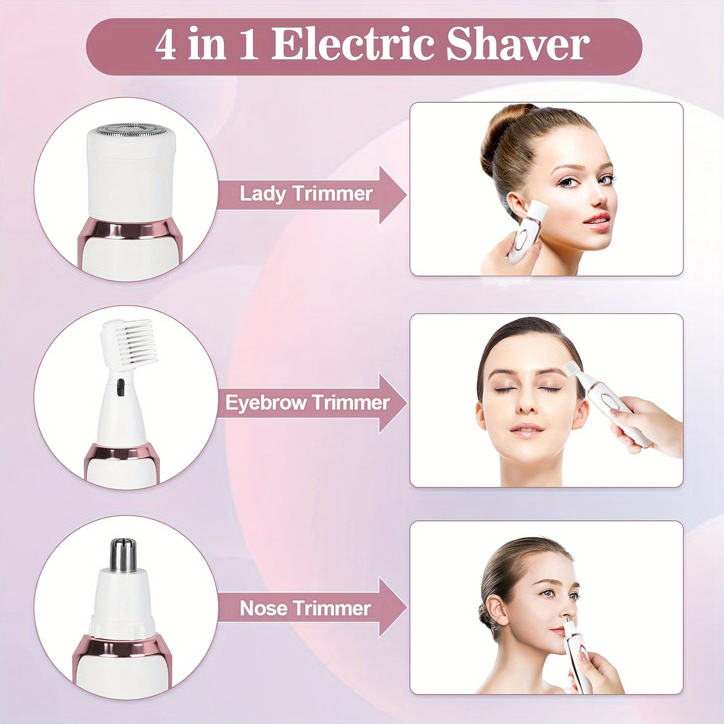 Maquinilla de afeitar eléctrica para mujeres, kit de aseo recargable 4 en 1, Afeitadora eléctrica para rostro, nariz, piernas y axilas, recortadora de bikini para mujeres húmedas y secas sin dolor, maquinilla de afeitar pública recargable y portátil