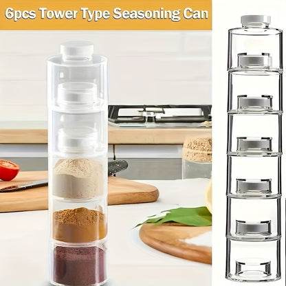 6 unids/set, contenedores apilables de almacenamiento de especias en forma de torre, tarros de especias recargables, tarros de especias en forma de torre para acampar, RV, cocina al aire libre, cocina, viajes, barbacoa, accesorios de cocina