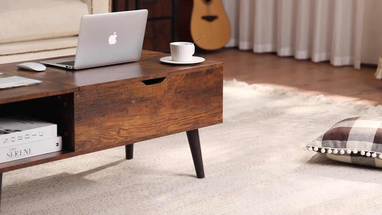 Mesa de centro elevadora de madera con compartimento oculto y estante de almacenamiento ajustable, mesa de comedor elevadora para el hogar, sala de estar, oficina, madera rústica, madera negra