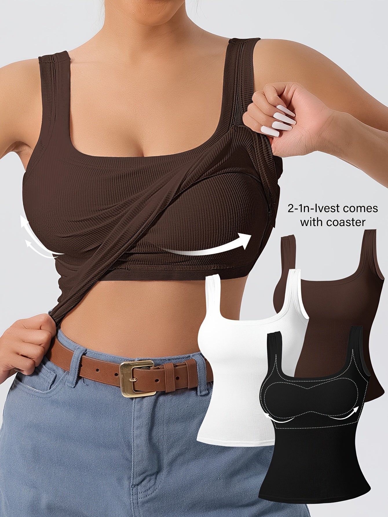 Camisetas sin mangas con espalda en U acanaladas de 3 piezas para mujer con almohadillas extraíbles, corte entallado, colores sólidos, camisolas informales, en capas y para exteriores