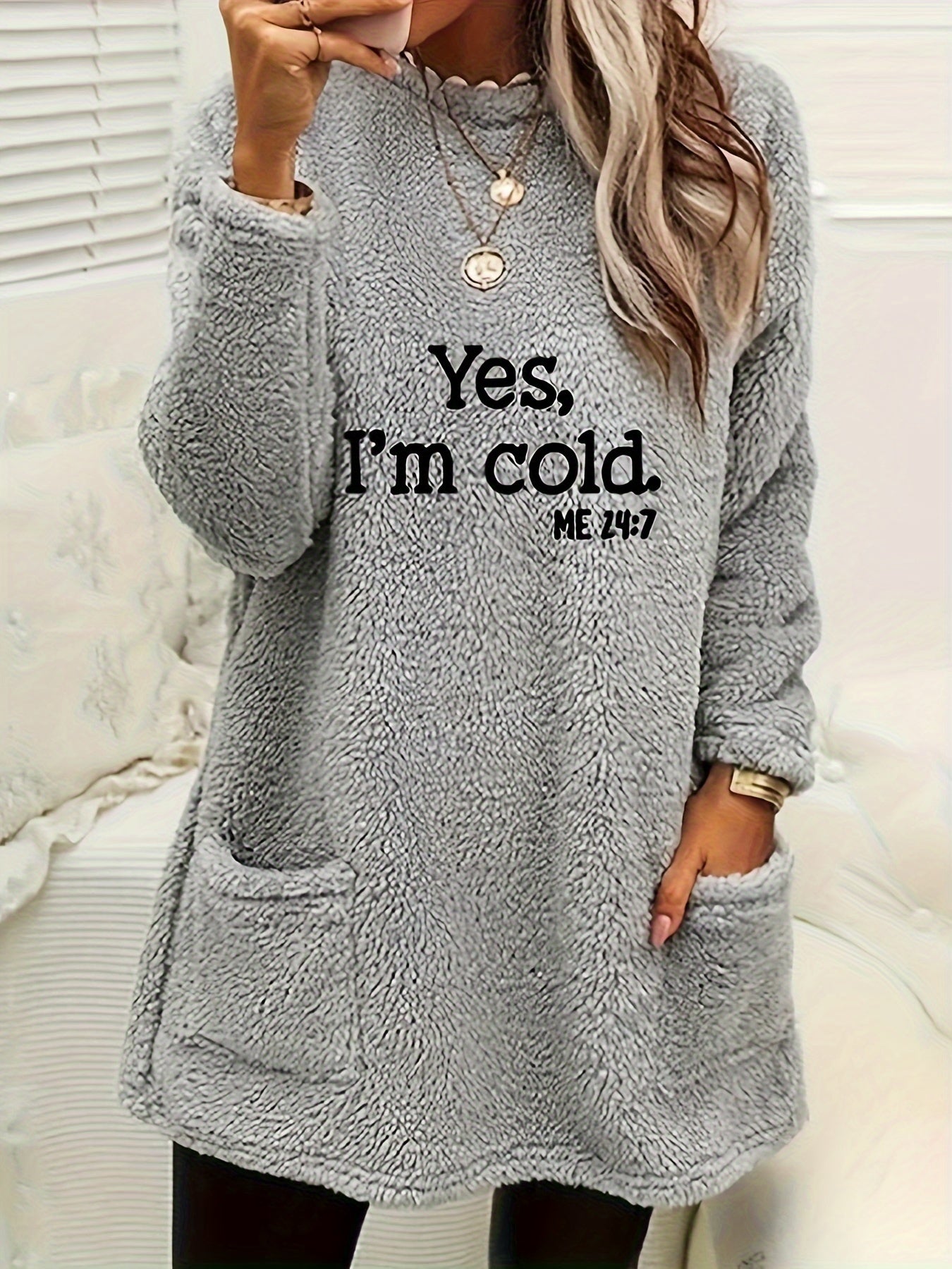 Yes I'm Cold Sudadera de forro polar con estampado, sudadera informal de manga larga con cuello redondo y bolsillos para otoño e invierno, ropa de mujer