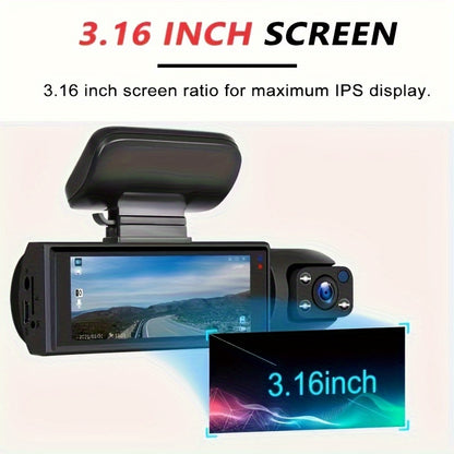 Cámara dual 1080P, cámara de tablero para automóviles, frontal e interior, cámara de automóvil con visión nocturna por infrarrojos, grabación en bucle, cámara DVR de gran angular para automóvil con pantalla IPS de 3,16 pulgadas, cámara de video para