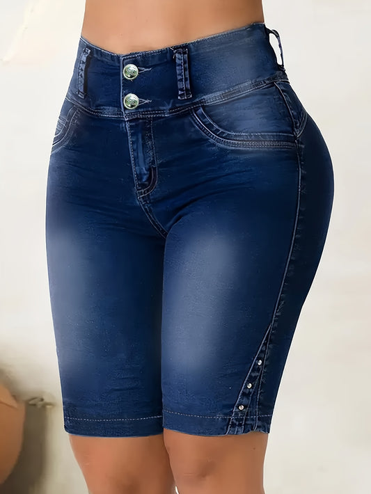 Bermudas de mezclilla elásticas con botones dobles, pantalones cortos de mezclilla lisos azules lavados con bolsillo oblicuo de talle alto, jeans y ropa de mezclilla para mujer