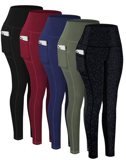 Paquete de 5 leggings deportivos de talla grande para mujer, pantalones de yoga cortos de cintura alta con bolsillos, medias de compresión para correr para primavera y otoño