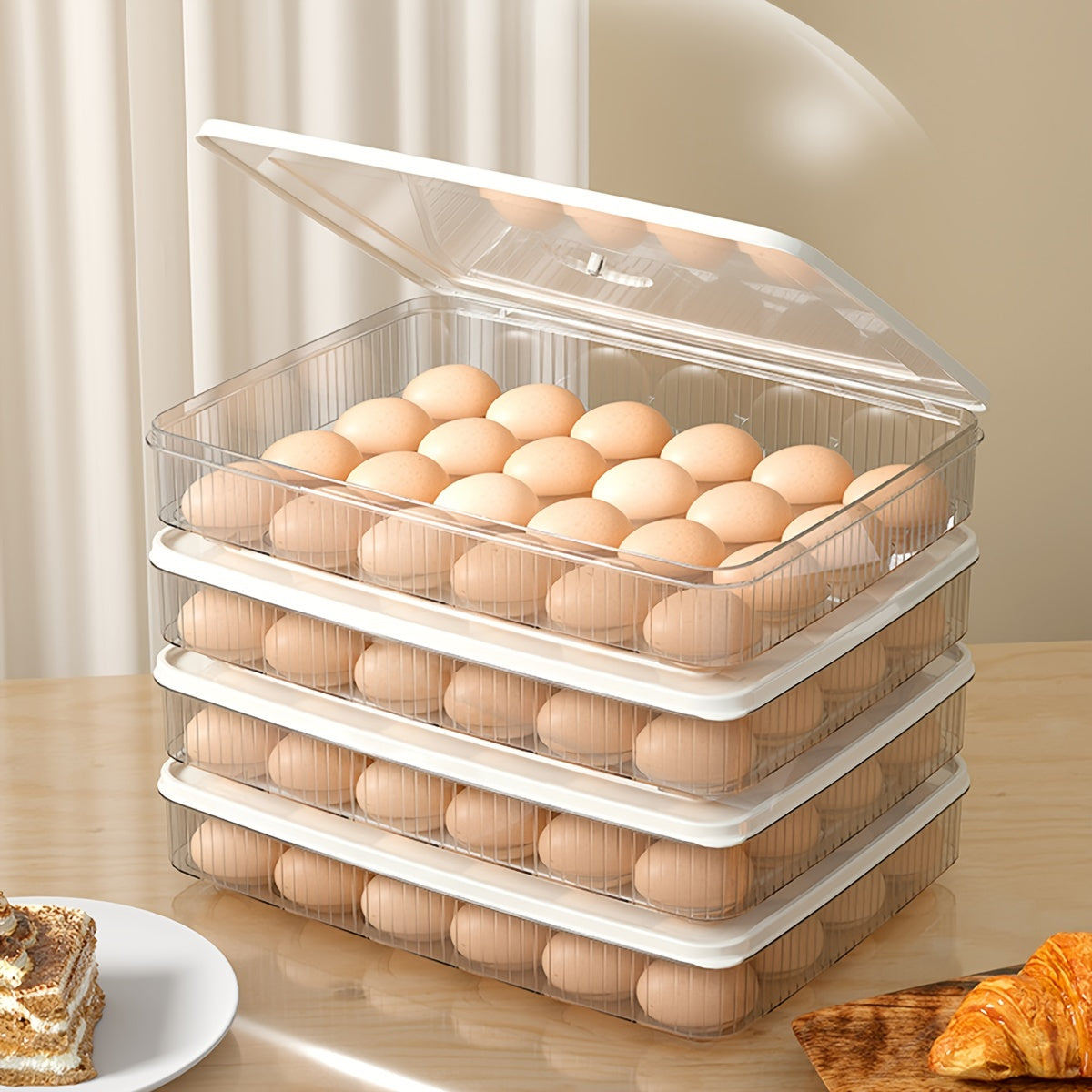 Cajón de plástico de gran capacidad para almacenamiento de huevos para refrigerador con tapa, organizador de almacenamiento doméstico para nevera.