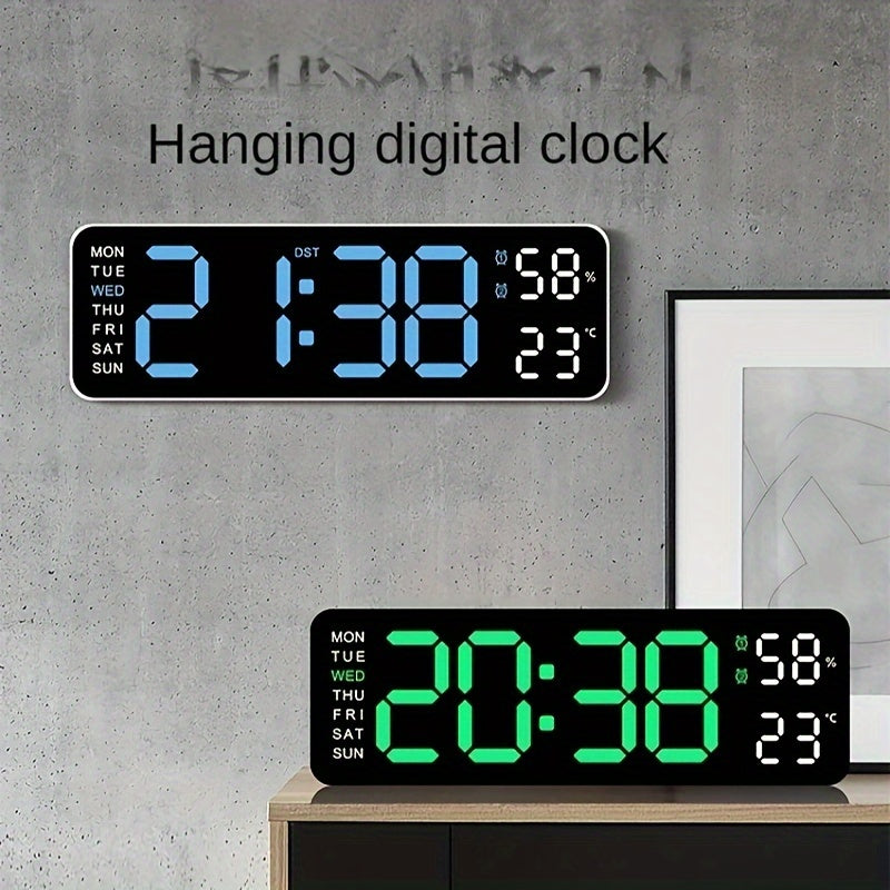 Reloj Digital de Pared, Visualización de Temperatura y Humedad, Brillo Ajustable, con Alarma Electrónica LED de Mesa, 12/24H para Decoración del Hogar