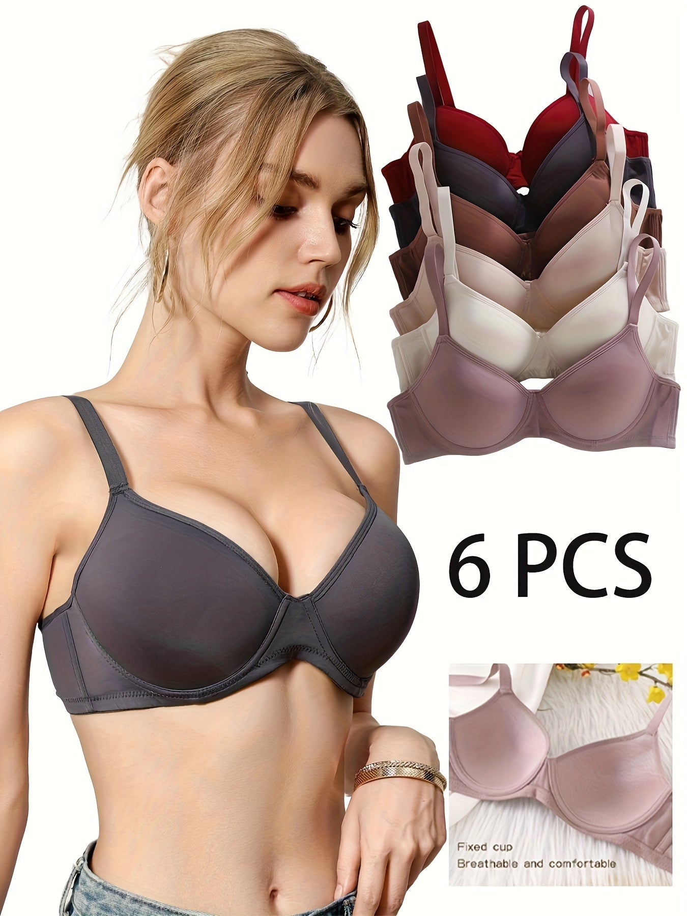 Paquete de 6 sujetadores push-up de cobertura total, ultrasuaves, sin costuras, cómodos sujetadores tipo camiseta de apoyo para el día a día con copas transpirables, estilo elegante y valor versátil, tejido suave de mezcla de poliamida y elastano, co