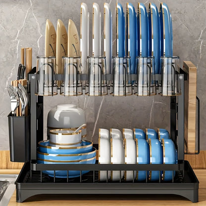 Escurridor de platos, soporte para utensilios de 2 niveles, escurridor de platos de cocina a prueba de óxido con escurridor y soporte para utensilios para encimera de cocina, accesorios de cocina