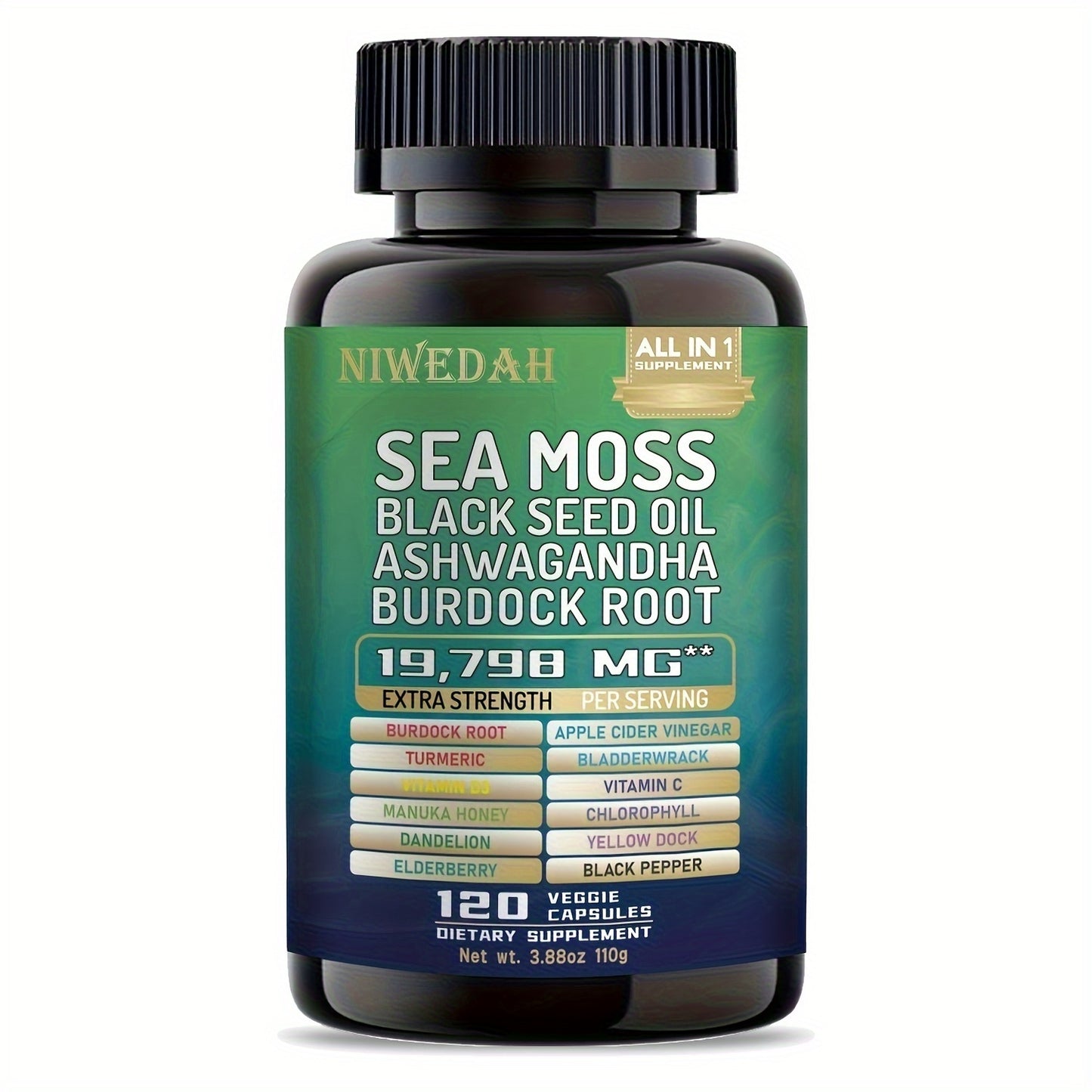 Aceite de semilla negra de musgo marino Ashwagandha Cúrcuma Fucus Bardana 2000 mg y jengibre Vitamina C Vitamina D3 con saúco Manuka