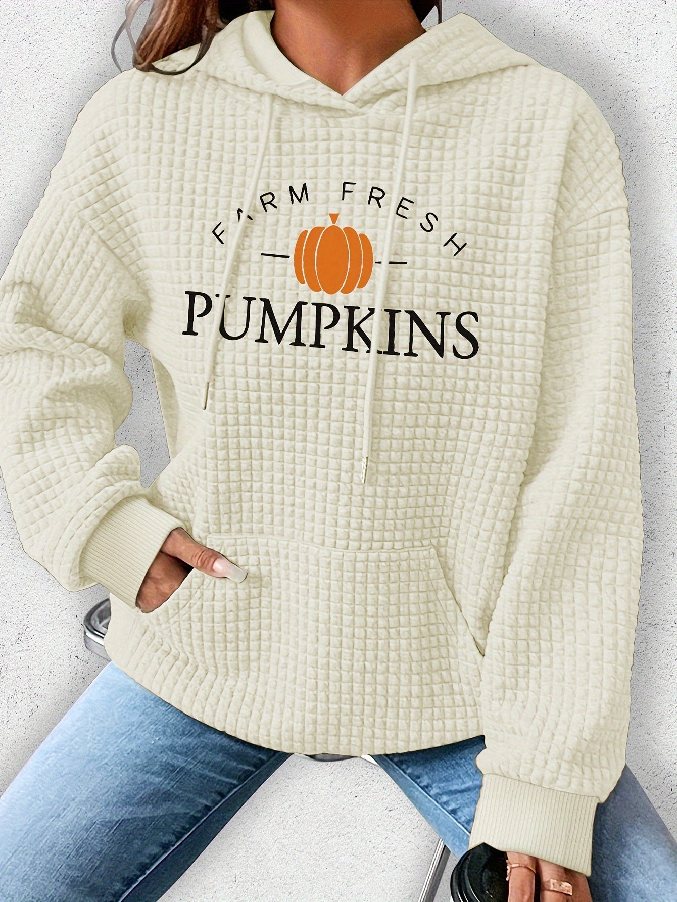 Sudadera con capucha de punto gofre acogedor para mujer con estampado de Halloween y letras: jersey informal con cordón, lavable a máquina, mezcla de poliéster y elastano