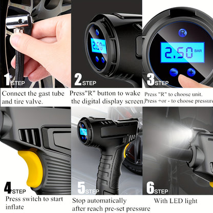 1 unidad de inflador de neumáticos, compresor de aire portátil, bomba de aire para coche con pantalla digital, luz LED, juego de adaptadores de boquilla para coche, motocicleta, bicicleta, bola