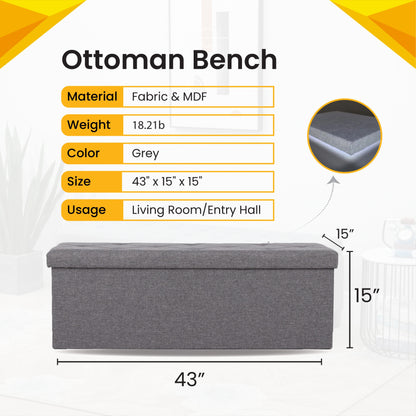 Banco otomano de almacenamiento de 43 pulgadas con baúl de almacenamiento, banco de almacenamiento plegable para sala de estar, banco de entrada, caja organizadora de juguetes, taburete reposapiés con asiento de espuma, banco de extremo de cama para