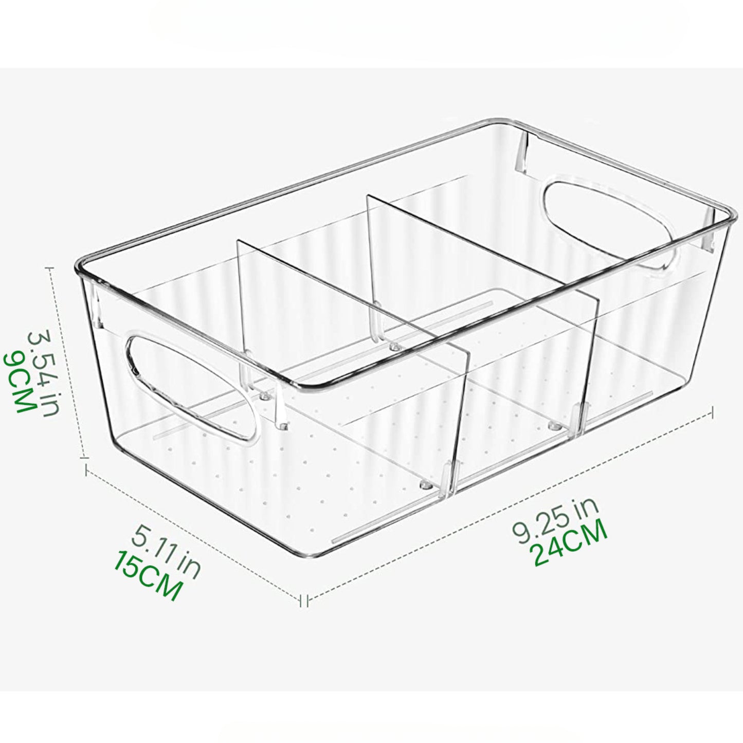 Organizador de despensa, contenedor de almacenaje de plástico con divisores extraíbles para gabinetes de encimera de refrigerador y comida de cocina.