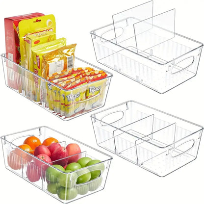 Organizador de despensa, contenedor de almacenaje de plástico con divisores extraíbles para gabinetes de encimera de refrigerador y comida de cocina.