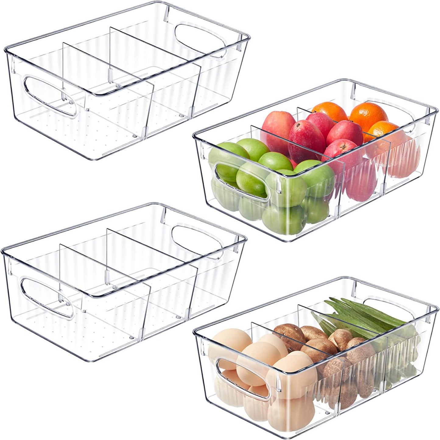 Organizador de despensa, contenedor de almacenaje de plástico con divisores extraíbles para gabinetes de encimera de refrigerador y comida de cocina.