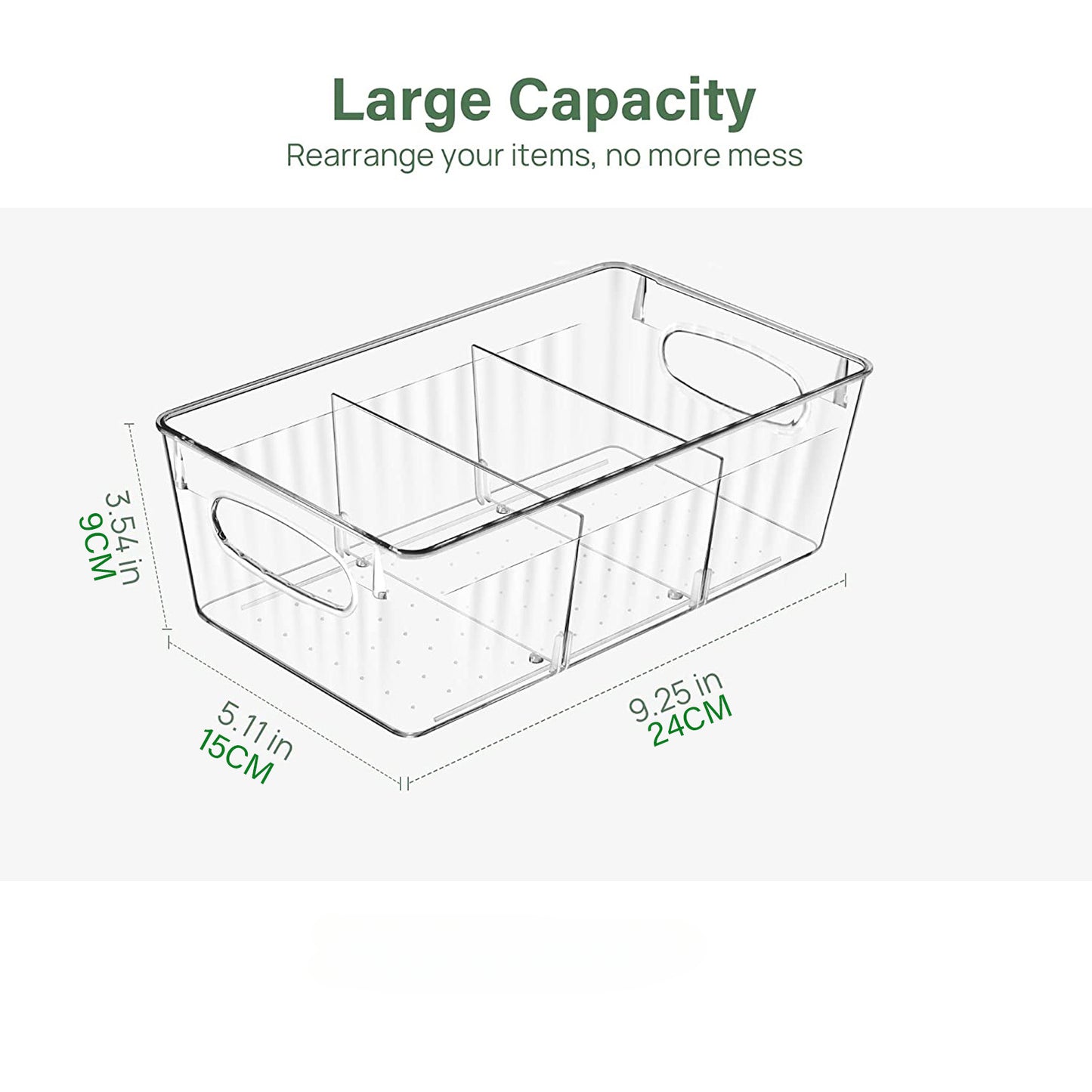 Organizador de despensa, contenedor de almacenaje de plástico con divisores extraíbles para gabinetes de encimera de refrigerador y comida de cocina.