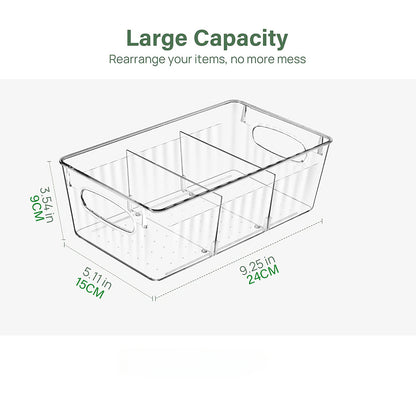 Organizador de despensa, contenedor de almacenaje de plástico con divisores extraíbles para gabinetes de encimera de refrigerador y comida de cocina.