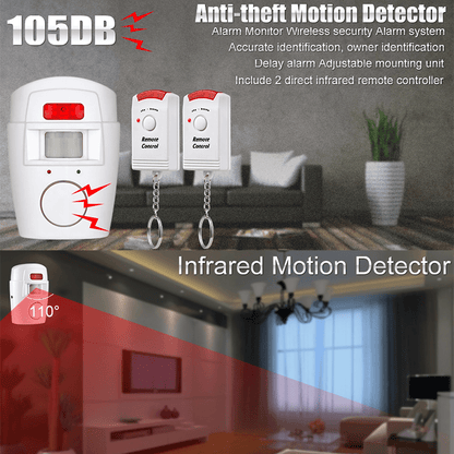 Juego de sistema de alarma con Sensor infrarrojo de alerta PIR de seguridad para el hogar inteligente Detector de movimiento humano antirrobo sirena de 105DB con 2 uds de control remoto