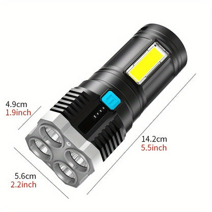 Linterna LED de 1 pieza, potente linterna de 4 LED con luz lateral COB, linterna LED recargable por USB de 4 modos, linterna con batería incorporada impermeable, herramienta para acampar