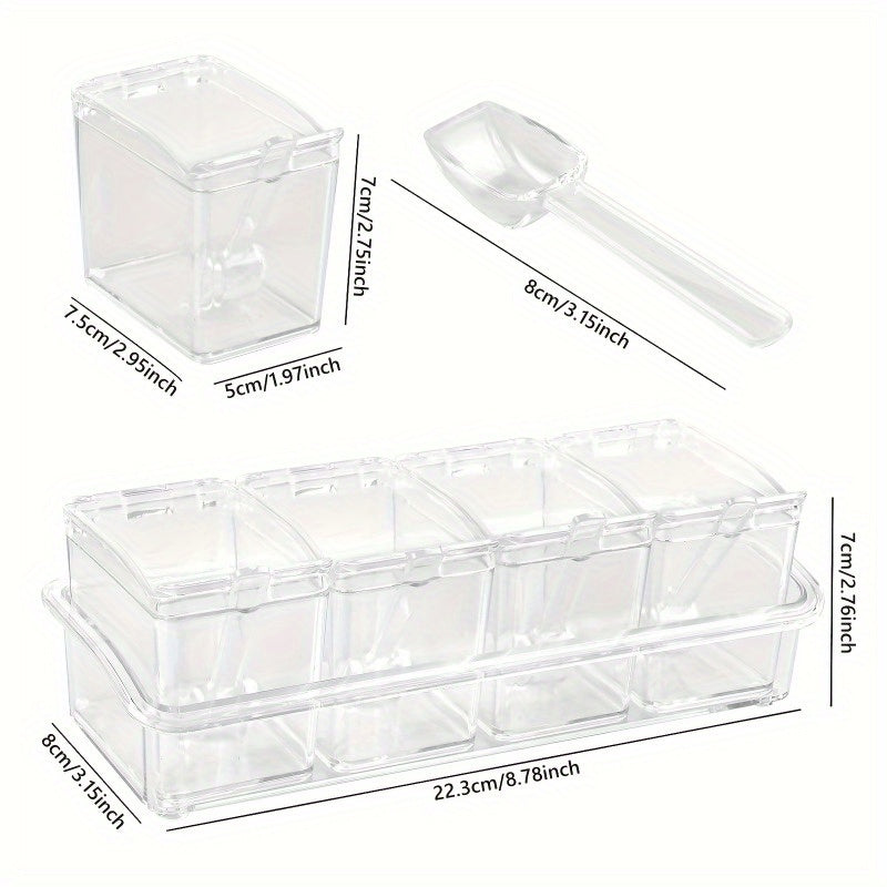 4 cajas transparentes de almacenamiento de condimentos con cuchara, para especias, pimienta, sal, azúcar, artículos de cocina, decoración de cocina