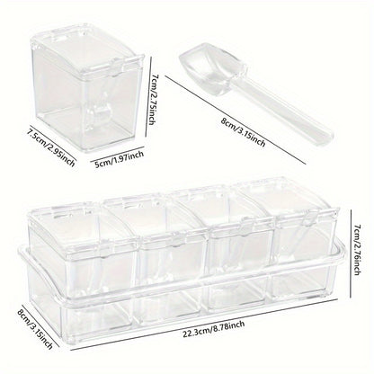 4 cajas transparentes de almacenamiento de condimentos con cuchara, para especias, pimienta, sal, azúcar, artículos de cocina, decoración de cocina