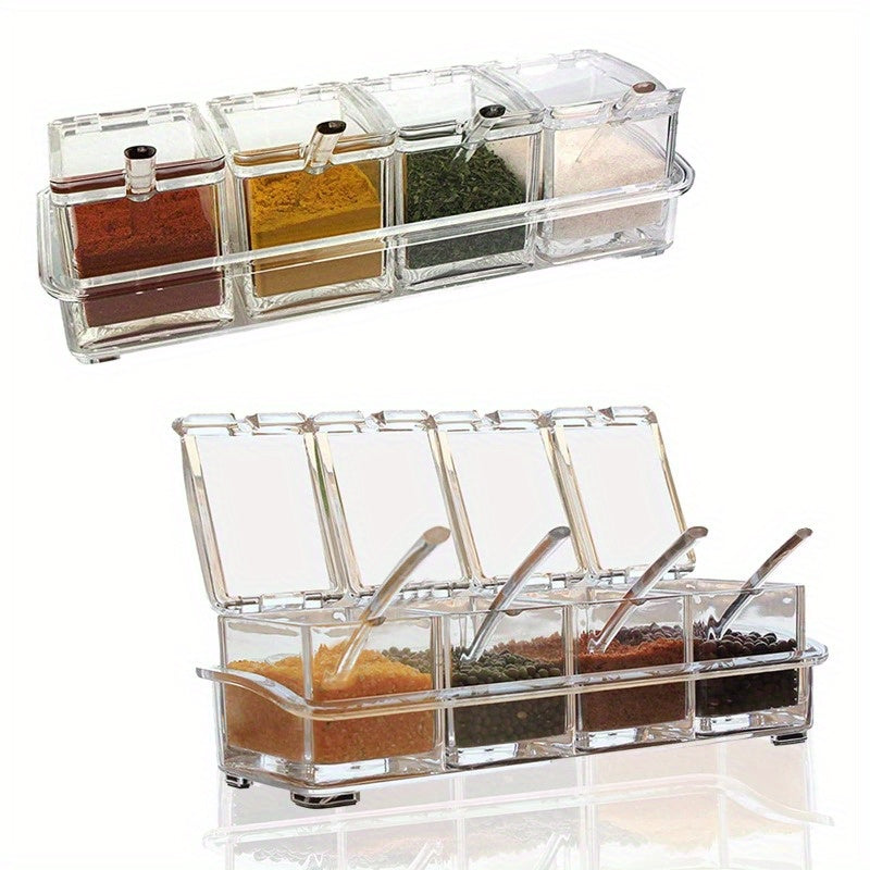 4 cajas transparentes de almacenamiento de condimentos con cuchara, para especias, pimienta, sal, azúcar, artículos de cocina, decoración de cocina