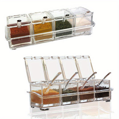 4 cajas transparentes de almacenamiento de condimentos con cuchara, para especias, pimienta, sal, azúcar, artículos de cocina, decoración de cocina