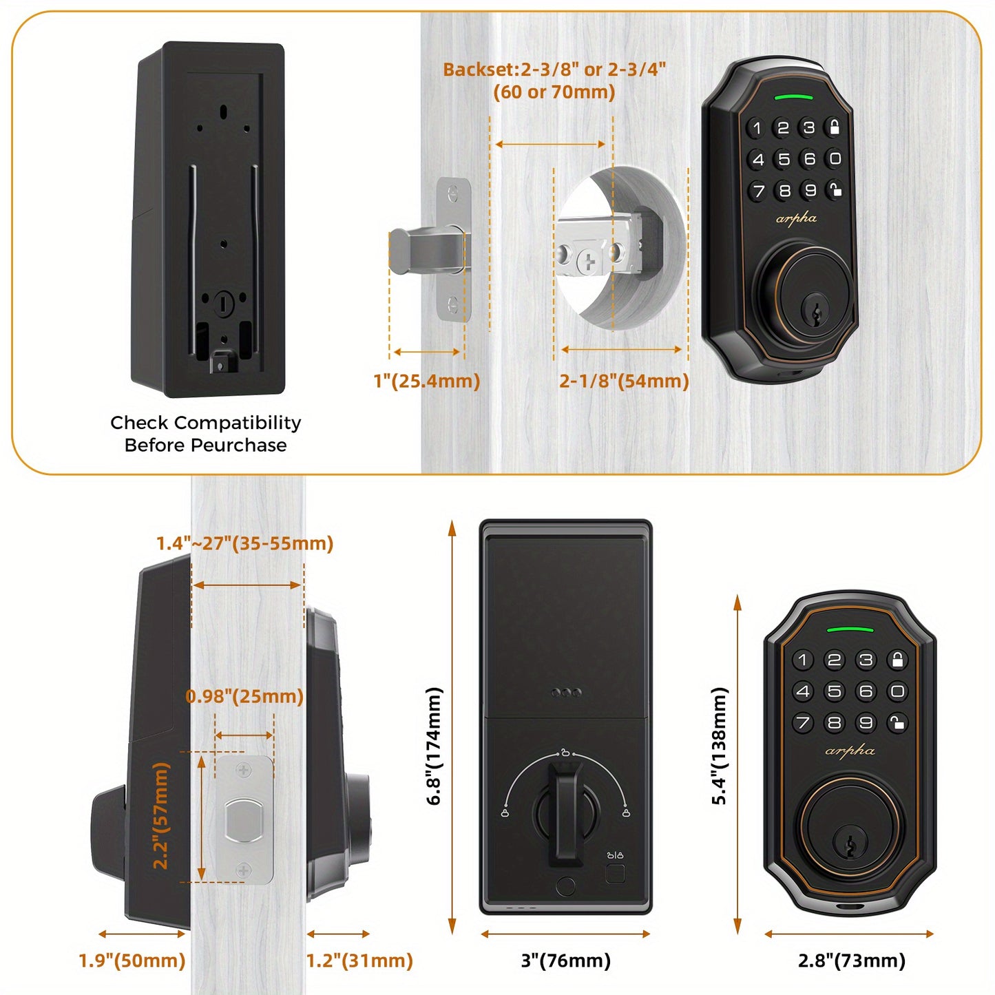 Cerradura de puerta con teclado - Cerradura de puerta de entrada sin llave - Juego de cerradura de puerta delantera Arpha con 2 perillas de puerta - Cerradura de cerrojo inteligente con código 100 - Contraseña anti-miradas - Cerradura automática fáci