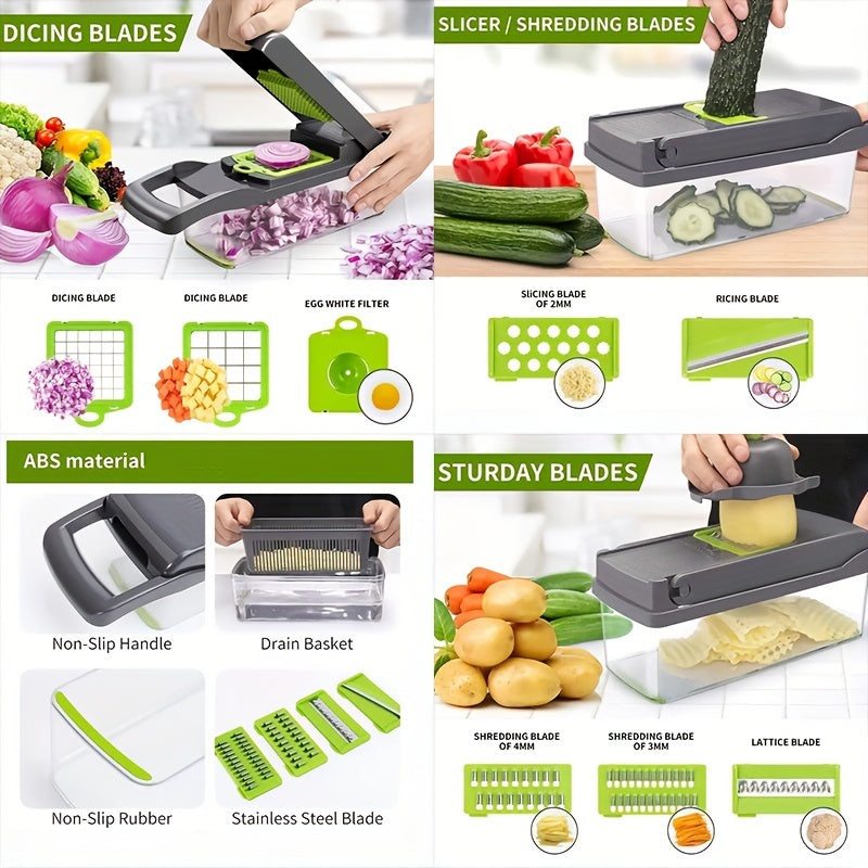 15 piezas/juego, picadora de verduras mejorada, cortadora de frutas multifuncional, rallador de alimentos con mango, cortadora de verduras, cortador con recipiente, picadora de cebolla con múltiples cuchillas intercambiables