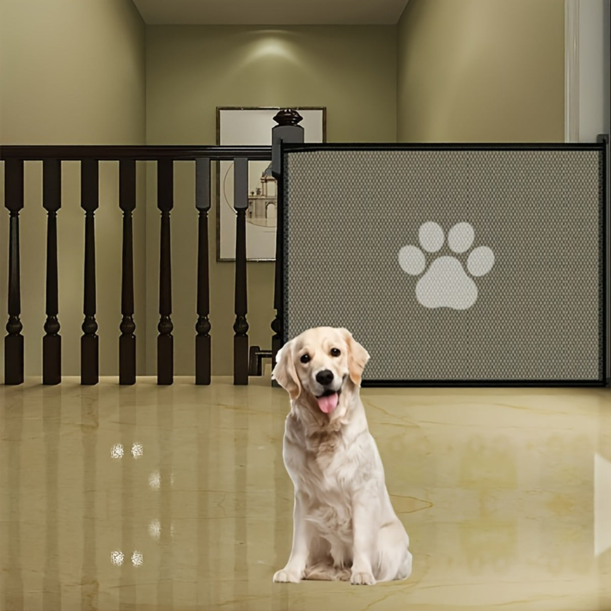 Versátil puerta de seguridad para mascotas - Puerta de malla expandible para mascotas Puerta de seguridad ajustable portátil para perros - Puerta interior y exterior - Barrera de escalera de fácil instalación para mascotas