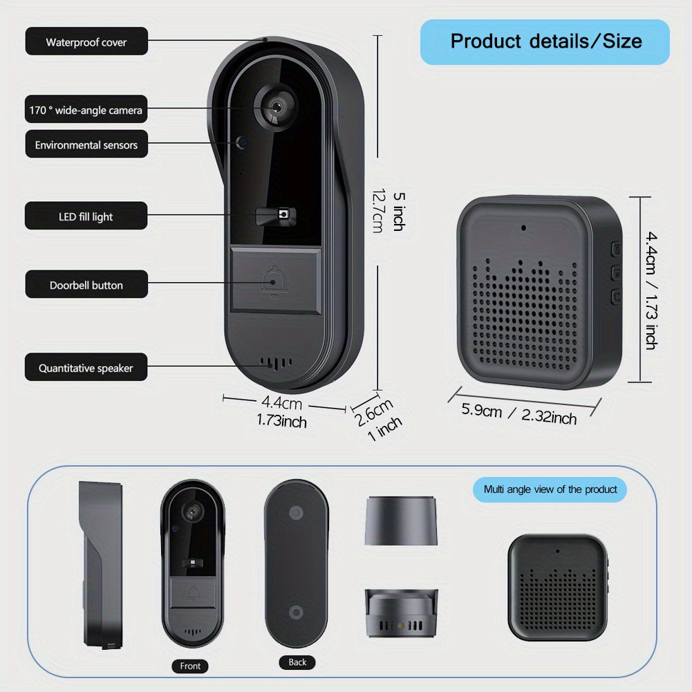 Timbre inalámbrico inteligente con cámara y timbre visual con WiFi, visión nocturna, cambiador de voz, fotos y videos, audio bidireccional, tarjeta SD