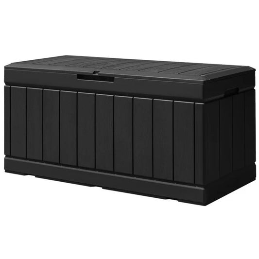 Caja de cubierta de 85 galones, caja de almacenamiento grande de resina para exteriores, resistente al agua, caja de cubierta exterior con tapa con cerradura para muebles de patio, herramientas de piscina, equipos de exterior y herramientas de jardín