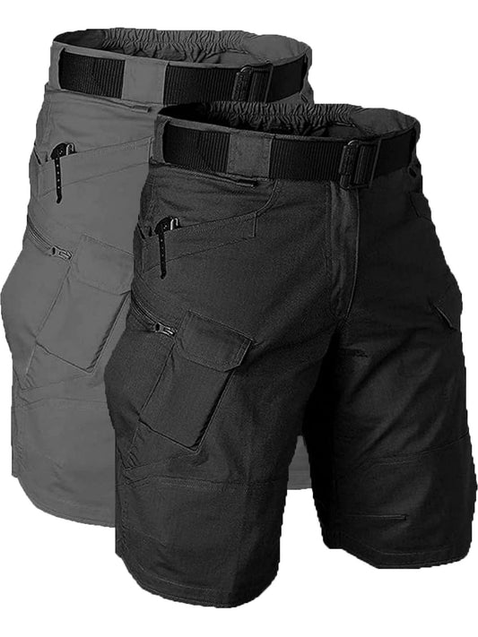 Pantalones cortos de entrenamiento tipo cargo de color sólido de 2 piezas para hombres, pesca al aire libre, senderismo, trabajo informal, pantalones cortos con múltiples bolsillos, pantalones cortos tipo cargo transpirables y ligeros de secado rápido