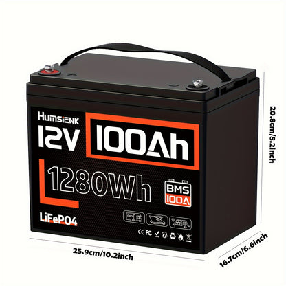 Batería LiFePO4, más de 20000 baterías de litio recargables de ciclo profundo, BMS integrado de 100 A, máx. 1280Wh perfecto para vehículos recreativos, barcos, energía solar, motor de pesca con curricán y camping