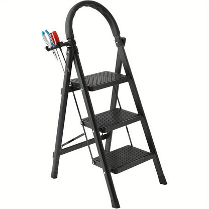 Escalera plegable Taburete plegable resistente con pedal ancho antideslizante, escalera de acero resistente de 800 libras, herramienta conveniente Taburete de acero portátil liviano, 4 escalones, 3 escalones, negro