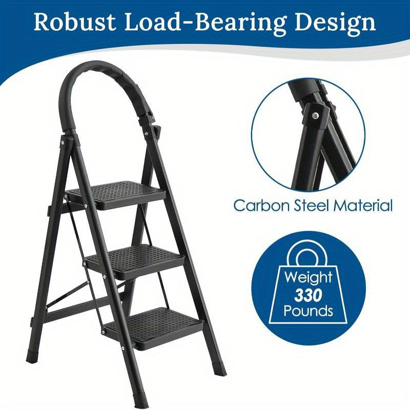 Escalera plegable resistente, taburete plegable con pedal ancho antideslizante, escalera de acero resistente de 800 libras, herramienta práctica, taburete de acero portátil liviano, 4 escalones, 3 escalones, negro