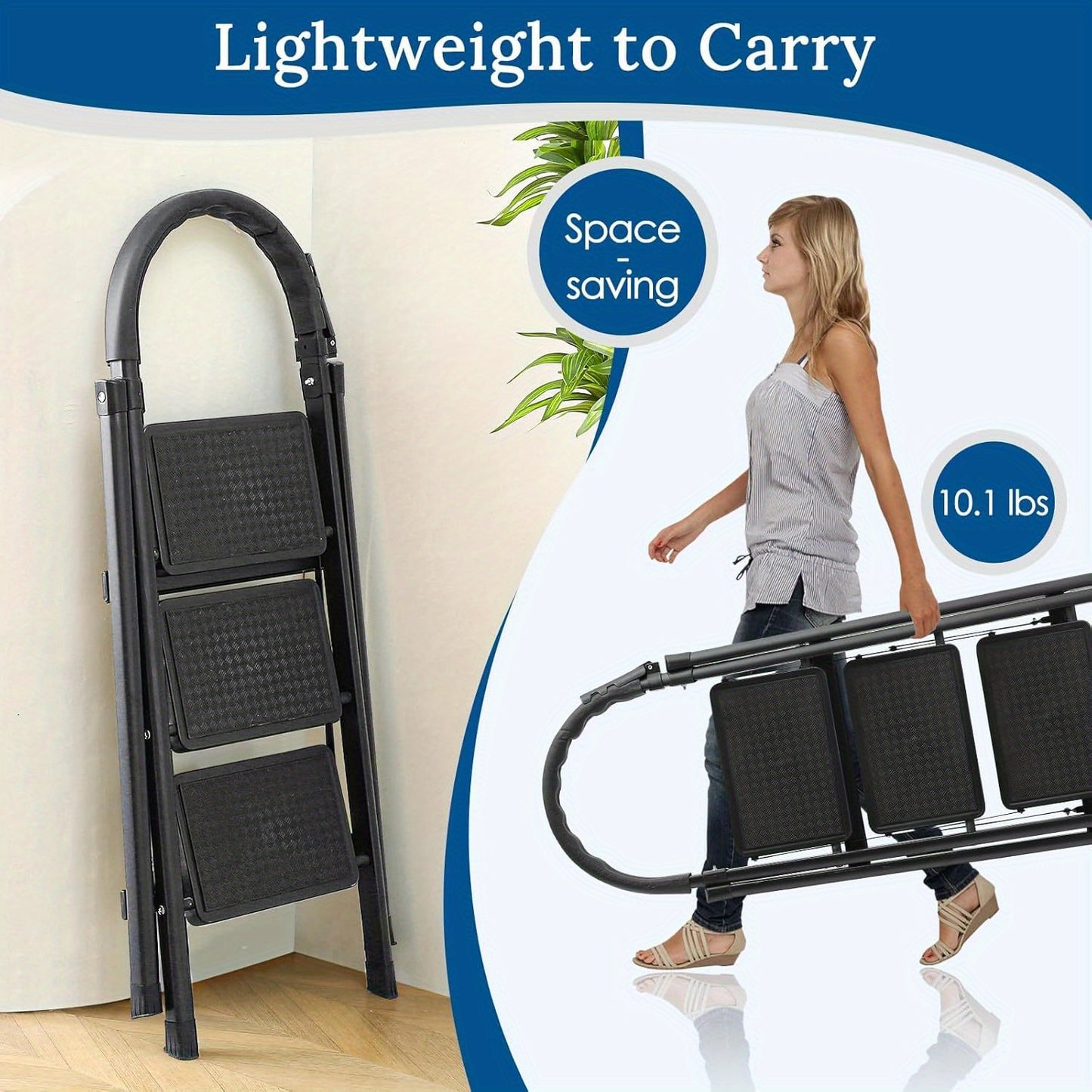 Escalera plegable resistente, taburete plegable con pedal ancho antideslizante, escalera de acero resistente de 800 libras, herramienta práctica, taburete de acero portátil liviano, 4 escalones, 3 escalones, negro