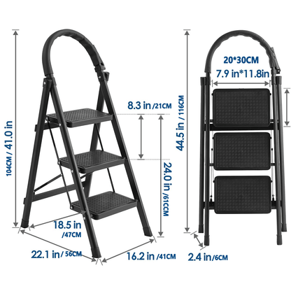 Escalera plegable Taburete plegable resistente con pedal ancho antideslizante, escalera de acero resistente de 800 libras, herramienta conveniente Taburete de acero portátil liviano, 4 escalones, 3 escalones, negro