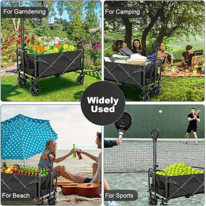 Carro plegable para jardín, resistente, de 300 libras, plegable, con ruedas grandes para playa, todoterreno, portátil, para ir de compras, practicar deportes, hacer picnic, pescar y actividades al aire libre, color negro