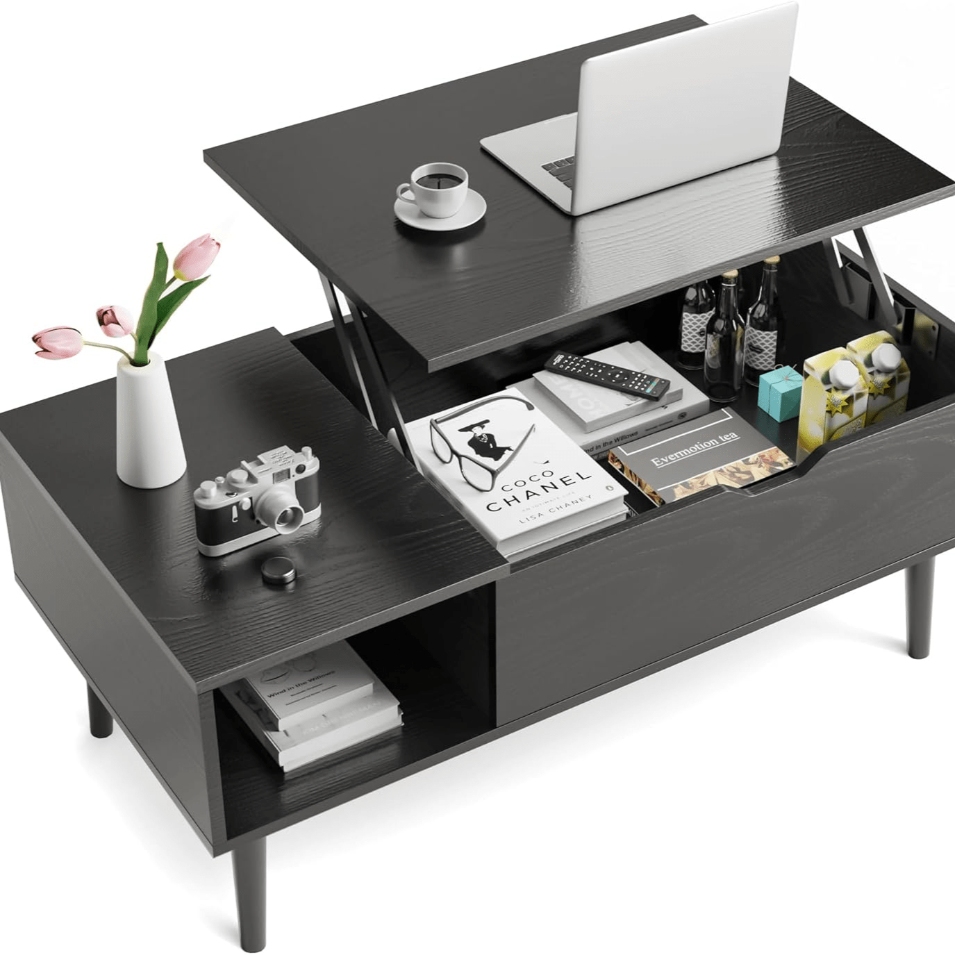 Mesa de centro elevable de madera con compartimento oculto y estante de almacenamiento ajustable, mesa de comedor elevable para el hogar, la sala de estar, la oficina, madera rústica, madera negra