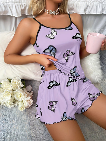 Conjunto de pijama con estampado de mariposas, camiseta sin mangas con ribete en forma de lechuga y pantalones cortos con cintura elástica, ropa de dormir y ropa de estar por casa para mujer