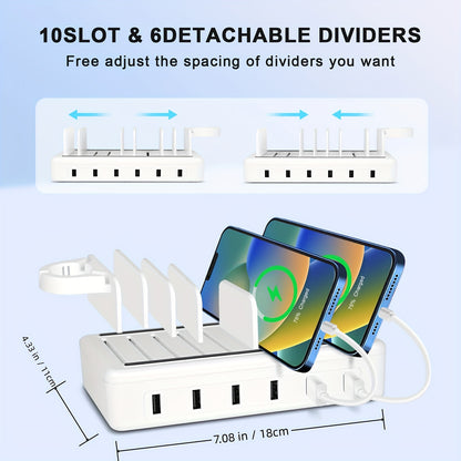 Estación de carga rápida para múltiples dispositivos, estación de carga USB de 50 W y 6 puertos con 10 ranuras, divisores desmontables, soporte para reloj, compatible con teléfono/iPad/Kindle/Tablet (6 cables cortos incluidos)