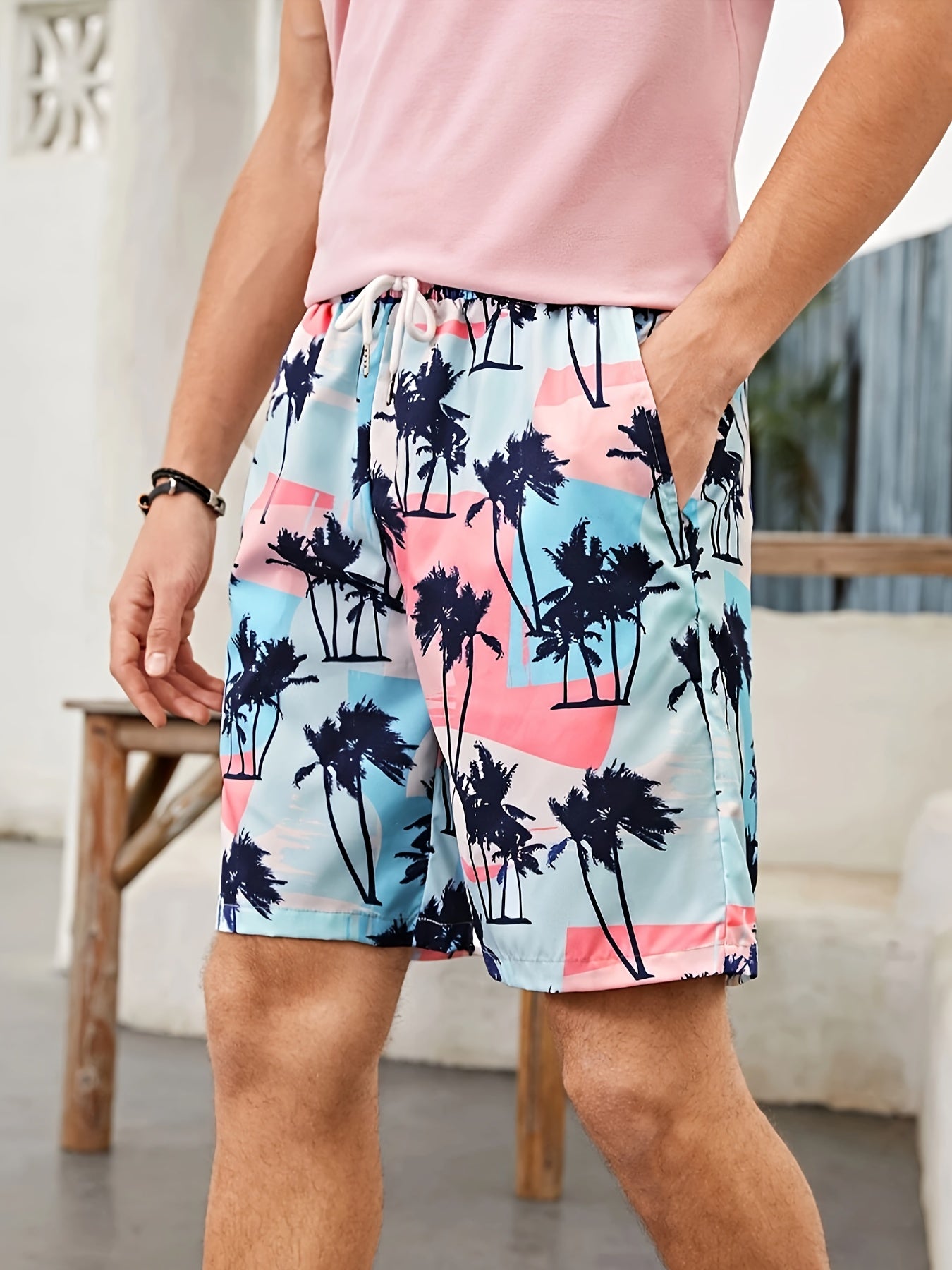 Pantalones cortos de playa para hombre con estampado de árbol de coco, secado rápido con cordón, ligeros para vacaciones de verano en la playa y surf