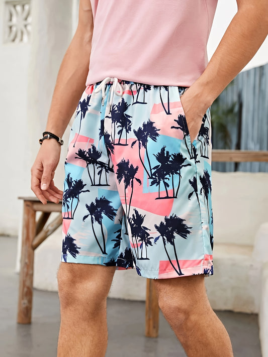 Pantalones cortos de playa sueltos para hombre, ropa deportiva, pantalones cortos con estampado de árbol de coco de secado rápido con cordón, pantalones cortos ligeros para vacaciones de verano en la playa y surf