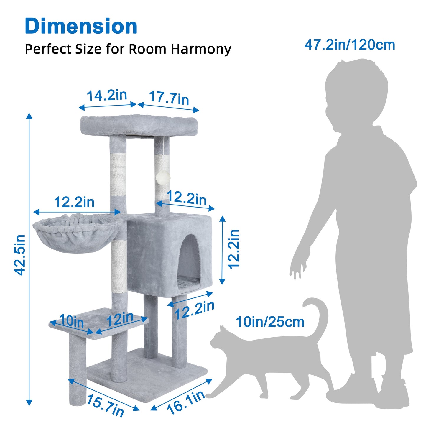 Torre para gatos de 42,5 pulgadas, árbol alto para gatos de interior, poste rascador para gatos con hamaca, casas para gatos de interior, torre para gatos grandes, gris