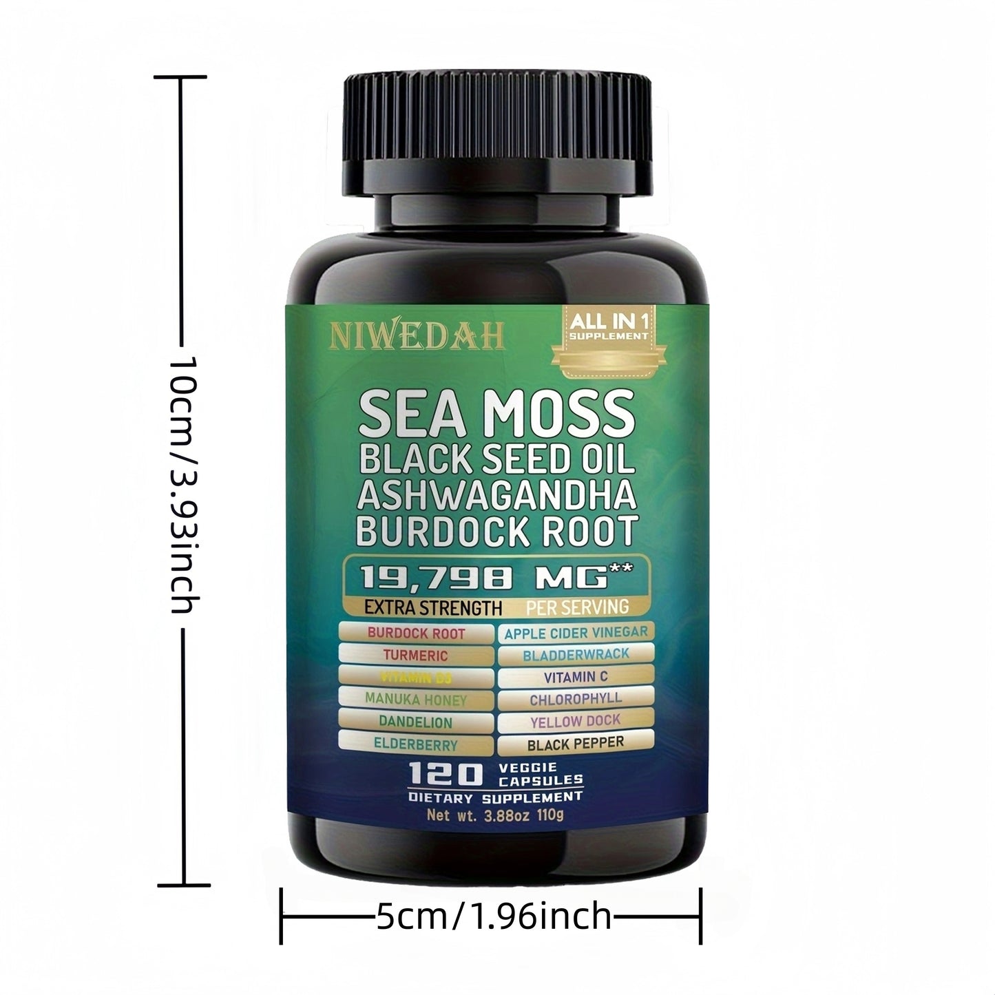 Aceite de semilla negra de musgo marino Ashwagandha Cúrcuma Fucus Bardana 2000 mg y jengibre Vitamina C Vitamina D3 con saúco Manuka